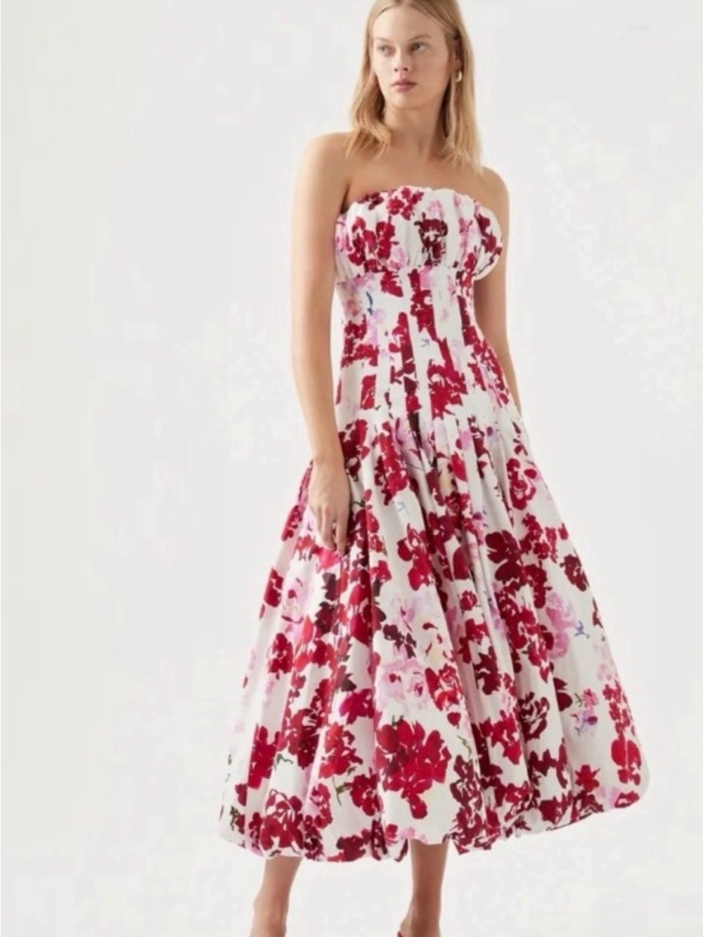 Aje Strapless Red Floral Midi Dress